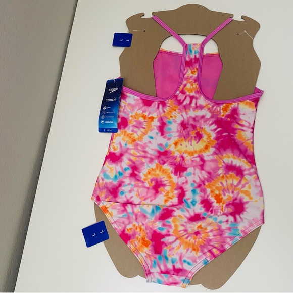 Speedo Swimsuit Girls L-12/14 Thin Strap Pink One Piece UPF 50+ Racer Back, NWT. - Picture 2 of 4